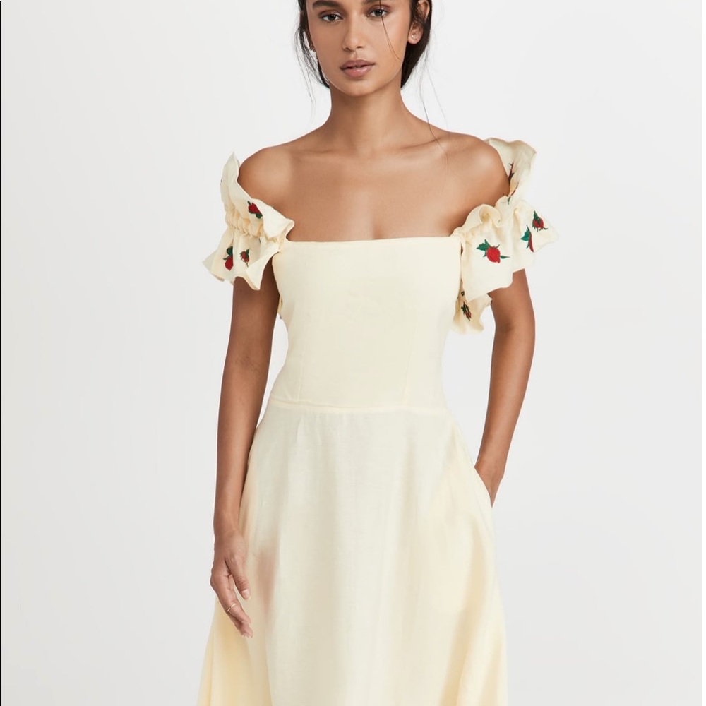 Fanm Mon Cream Off-Shoulder Dress with Floral Accents